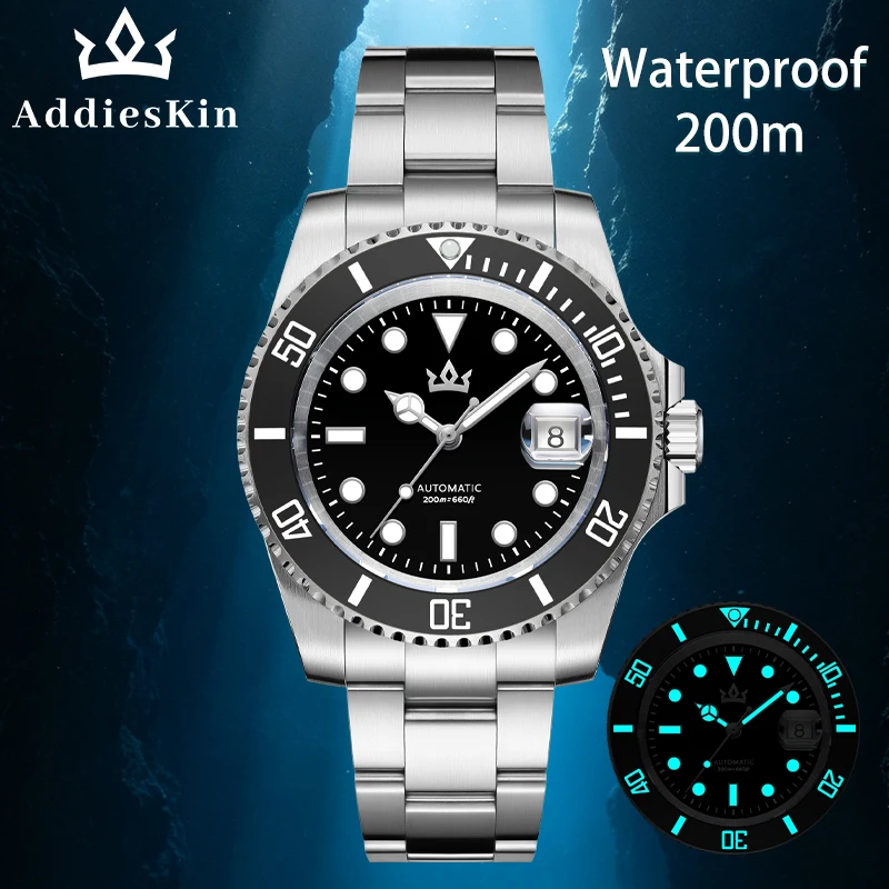 AddiesKIN Men‘s Watch Sapphire Glass 316L Steel Sardonyx Dial K012 BGW9 Luminous ST2130 Mechanical Automatic Watches 200m Diver