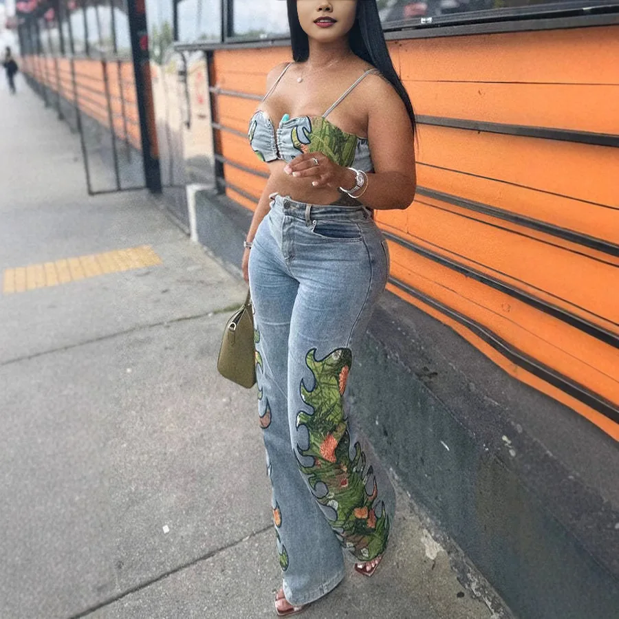 سروال دينم نسائي مطبوع مضحك عالي الخصر بسحاب يطير جينز مستقيم 2025 صيف جديد شعبي ملابس الشارع الشهير ملابس حفلات النادي المثيرة