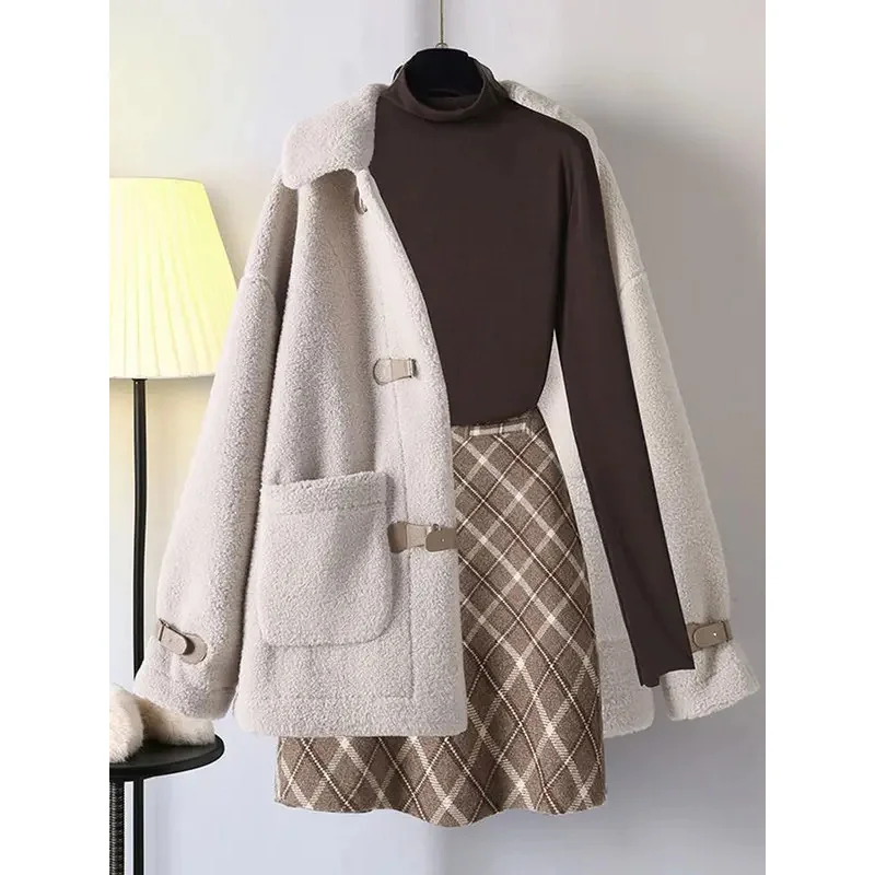 

Dress Sets Women Autumn Winter Suits Women's Foreign Style Lamb Wool Coat Plaid Skirt Three-piece Trendy Preppy Style Office Set