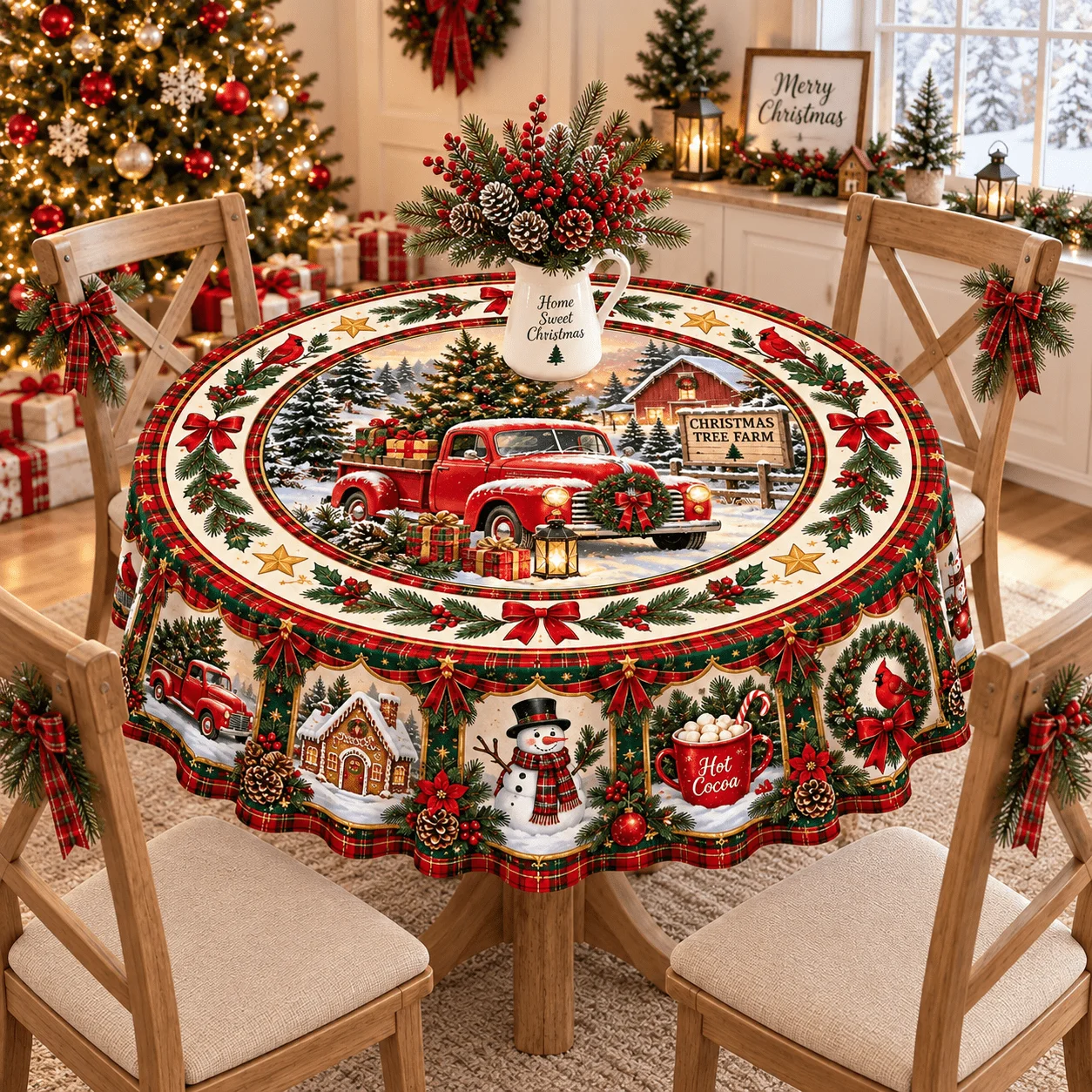1 piece, retro farmhouse style Christmas tablecloth, round, applicable scene: with red truck, snowman, gingerbread man pattern