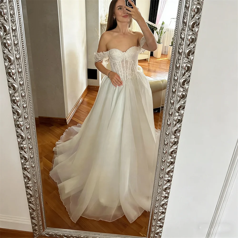 Customized Off Shoulder Sweetheart Neckline A-Line Wedding Dress Elegant  Lace-up Back Floor Lengt Sweep Train Gown For Bride - AliExpress 320