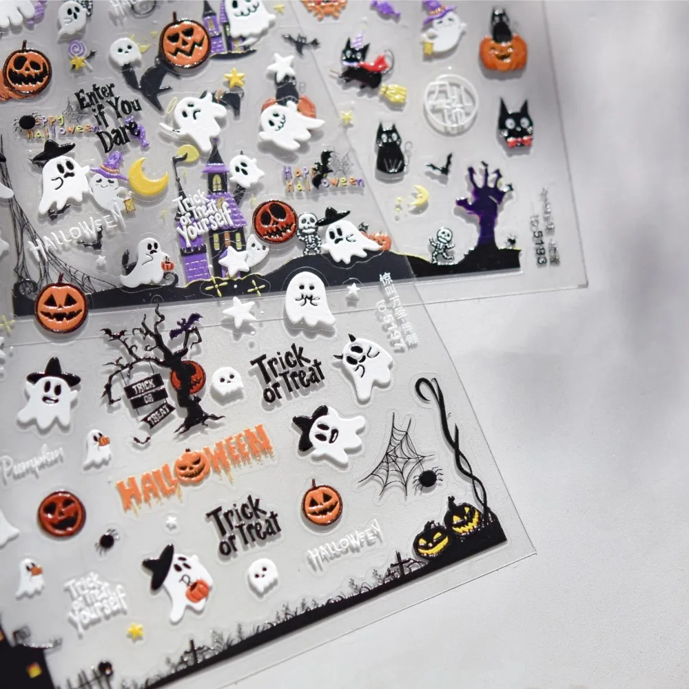 5D geprägter Kürbis Geist Nail Art Aufkleber Halloween Spinnennetz Fledermaus selbstklebender Nagelaufkleber Happy Halloween Nail Art Sliders Aufkleber
