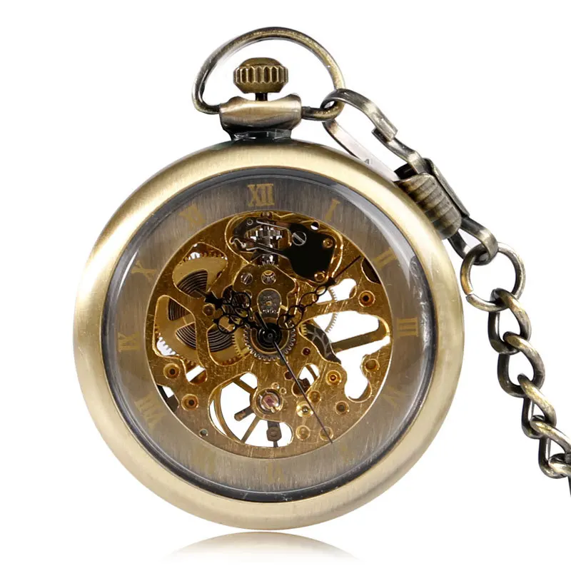 

Bronze no-cover mechanical pocket watch, manual double-sided hollow Roman character retro men's mechanical pocket watch