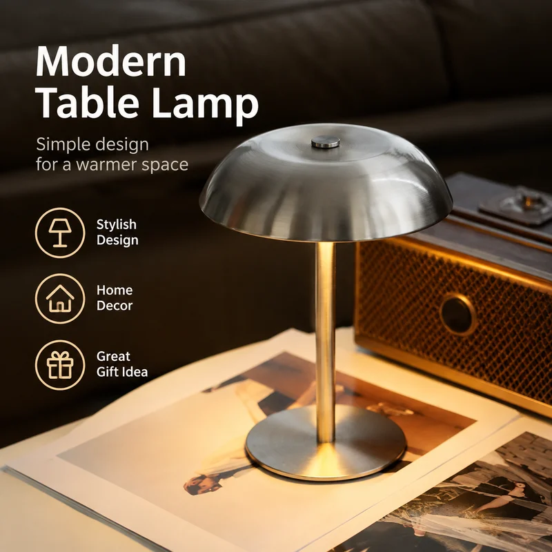 USB Rechargeable Table Lamp, Mushroom Bedside Light, Metal Night Lamp for Camping, Dining and Bars, Premium Modern Home Lighting