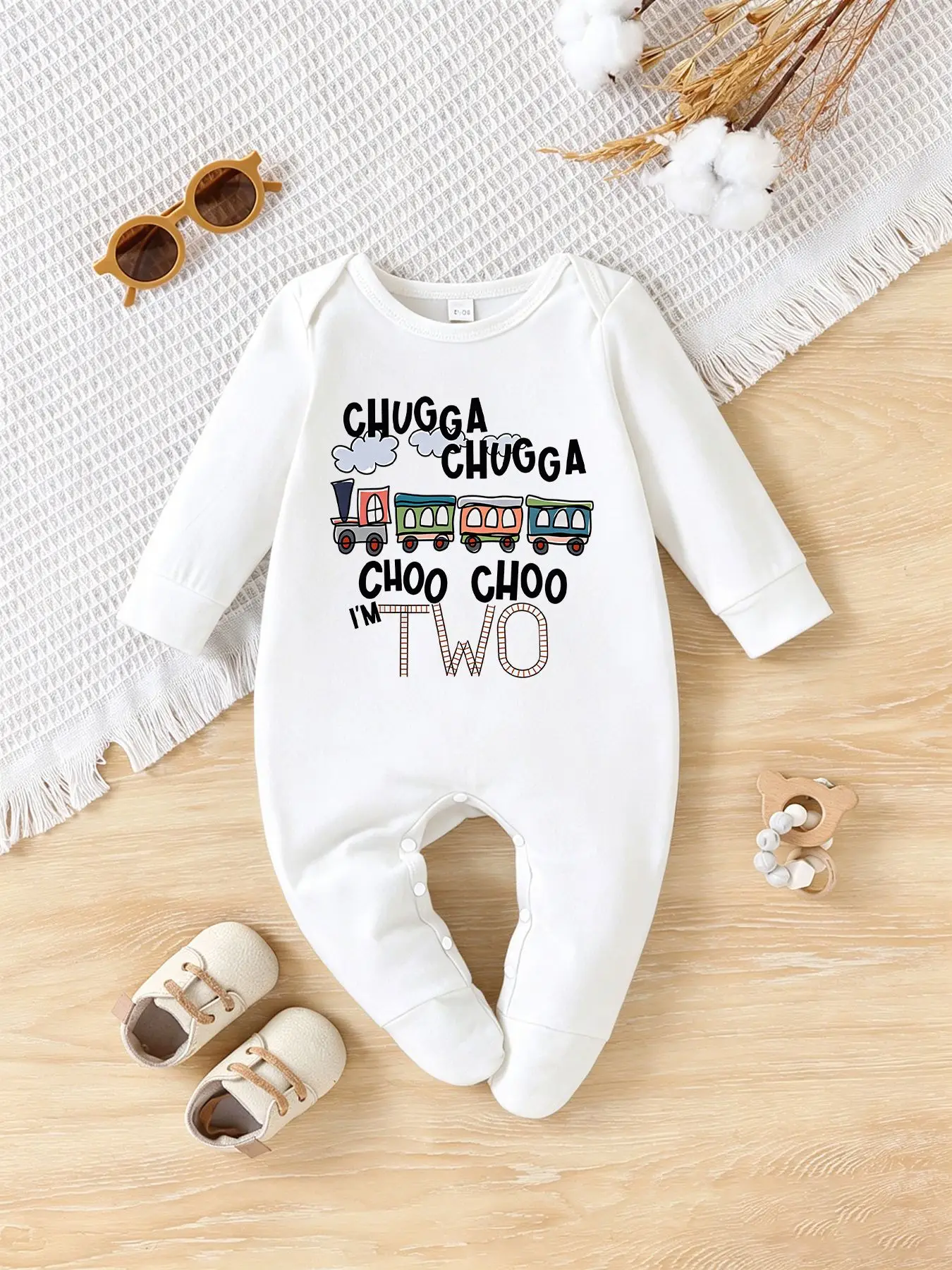 Cute Train Graphic Baby Footed Romper Chugga Chugga Choo Choo I'm Two Long Sleeve Onesie Toddler Photo Prop Birthday Gift