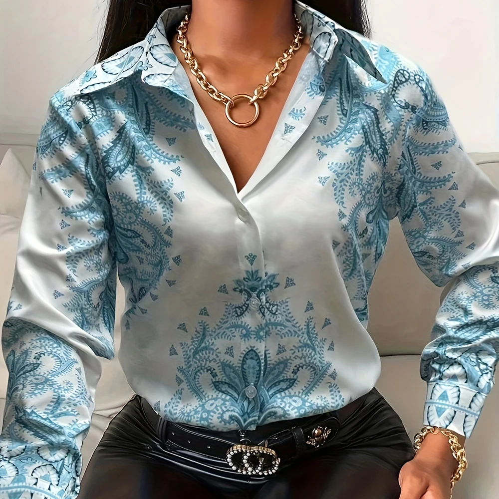 Women'S Casual Shirt 2024 New Vintage Totem Print Shirt Women'S Elegant Evening Dress Summer Plus-Size Lapel Button Down Top