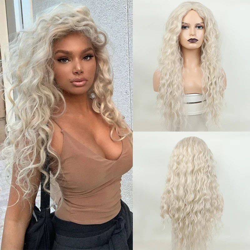

24 Inch Curly Wave Wig for Women Long Fluffy Curly Wigs Daily Use White Synthetic Natural Curly Hair Wig Cosplay Party Purple