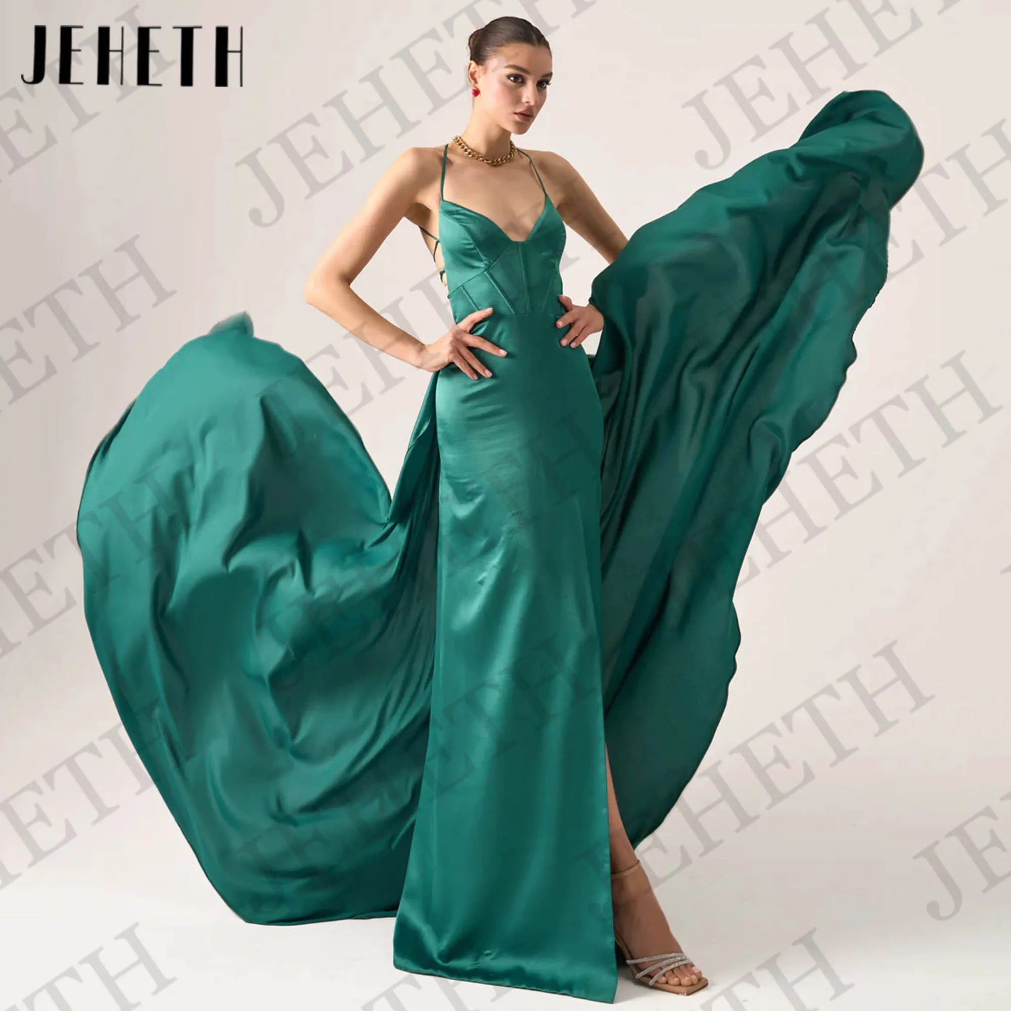 

JEHETH Sexy Backless Evening Dress Floor Length Special Occasion Dress High Slit Satin Party Gown Customized vestidos de fiesta