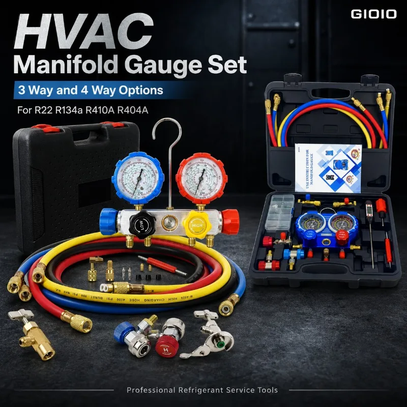 GIOIO Automotive AC Manifold Manometer-Set 3/4-Wege mit farbcodierten Schläuchen, Schnellkupplungen und Messingadaptern für R22 R134a R410A R404A Kältemittel-Füll- und Druckkit mit Tragetasche für die