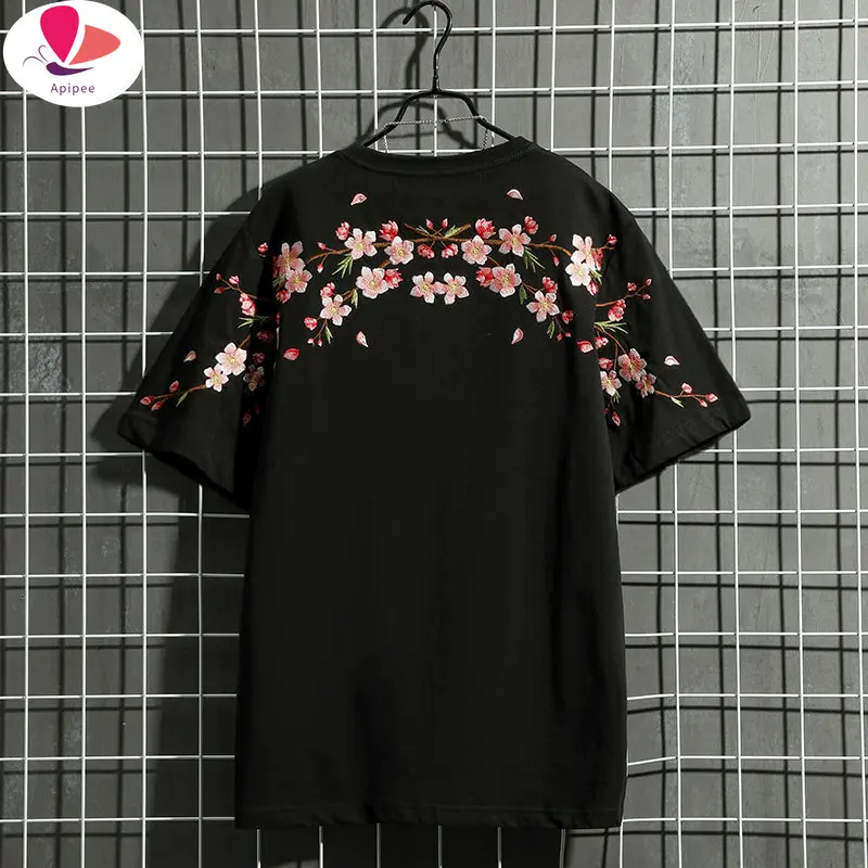 APIPEE Embroidered T Shirt Harajuku Streetwear Men Summer T-Shirts Short Sleeve Black White Loose Casual Tshirt For Women