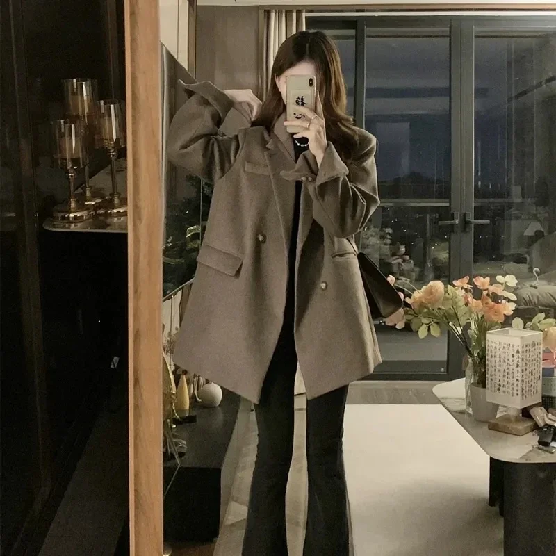 UNXX High-end Blazer Woolen Coat Women\'s 2023 Autumn Winter New Vintage Petite Loose Thickened Wool Overcoat Female Office Lady