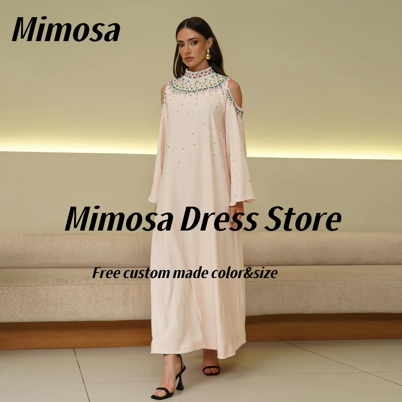 

Mimosa Colorful Beading High Collar Prom Dresses 2025 Keyhole Long Sleeves Evening Dress Saudi Women Wear Party Gowns Customized