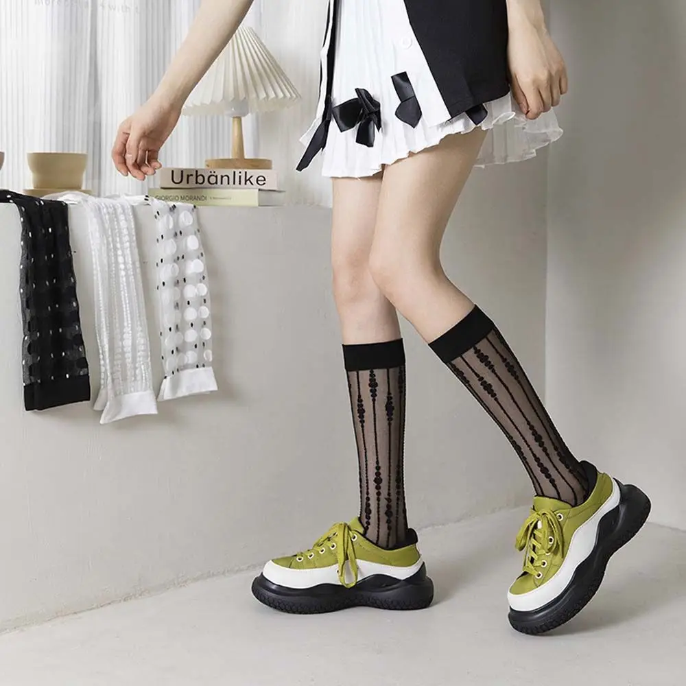 Bas transparents à rayures en verre pour femmes, chaussettes longues, bonneterie JK, chaussettes coréennes au genou, chaussettes Lolita, Streetwear