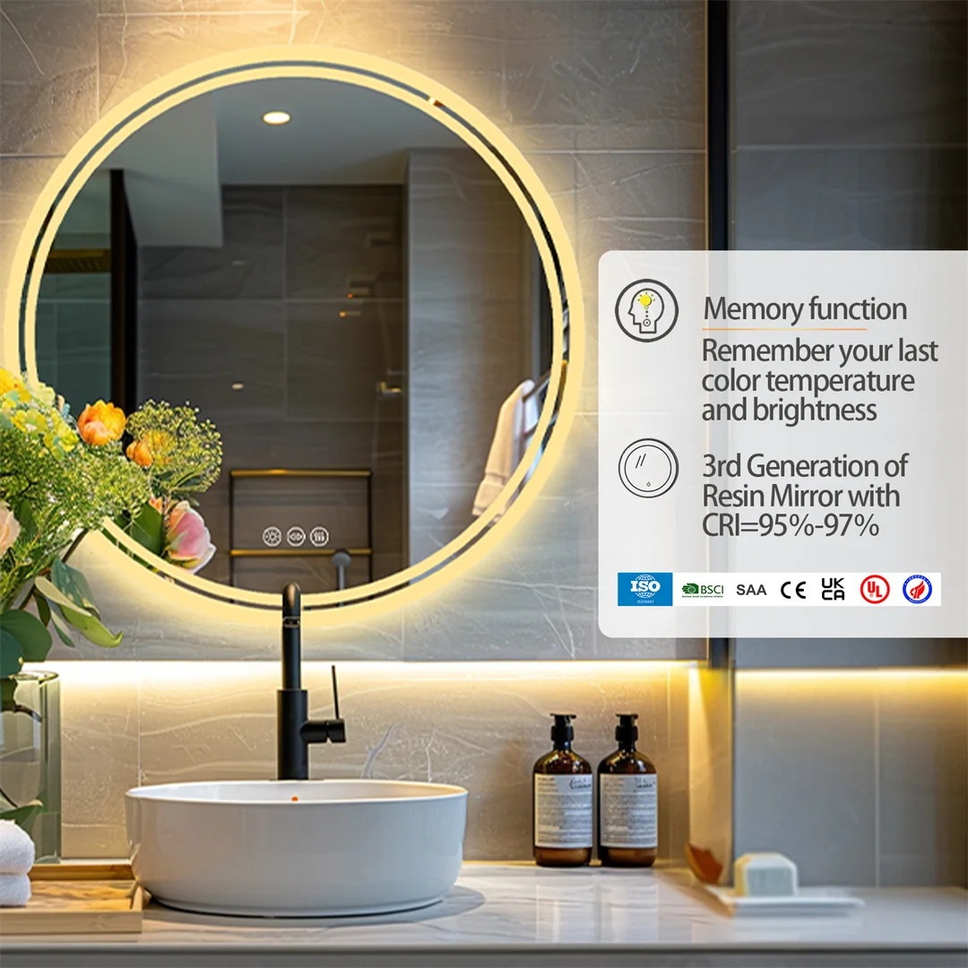LUVODI-Grand Miroir Rond Intelligent à Lumière HOLED Anti-buée, pour Écran Tactile à Intensité Variable
