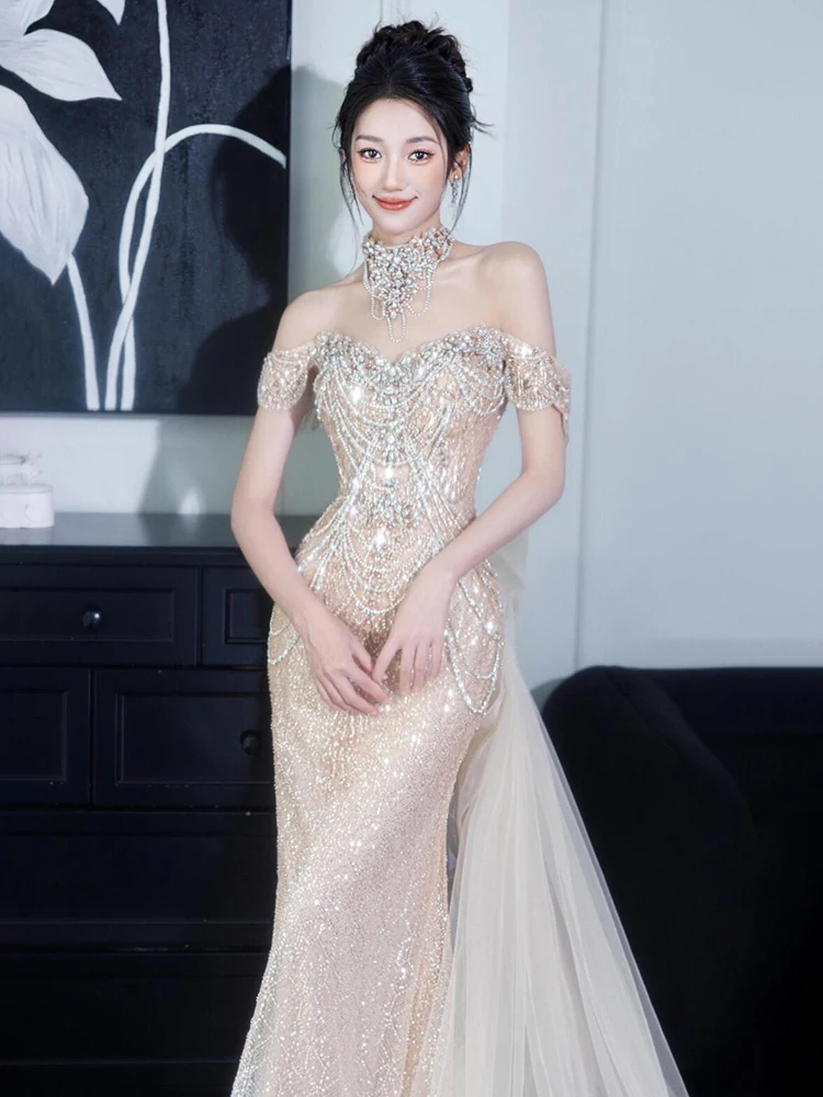 Suknia ślubna Ele One-shoulder Fi-Tail, błyszcząca, z cekinami, luksusowa, zaręczynowa, wieczorowa, bogato haftowana suknia ślubna.