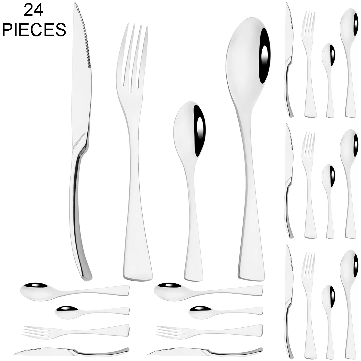 

24Pcs Silver Dinnerware Set Steak Knives Forks Coffee Spoon Cutlery Set Stainless Steel Tableware Western Party Kitchen Flatware