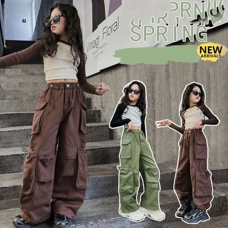 Korean Spring Autumn Junior Girl 2-piece Sets Children Girl Contrast Long Sleeve Tops+Wide-leg Pants School Girl Casual Suit