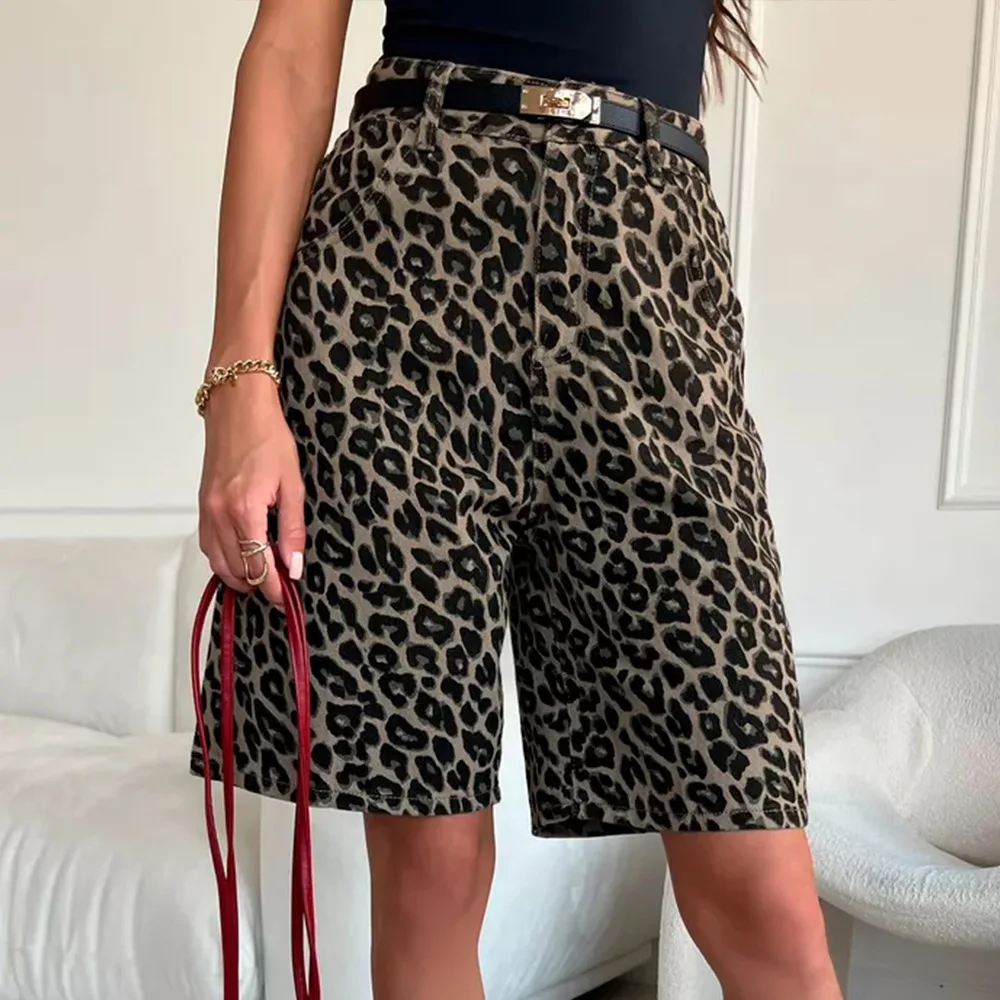 Summer 100% Cotton Retro Leopard Print Shorts Women's Fashionable High Waisted Knee Casual Pants Female Pocket Loose Shorts