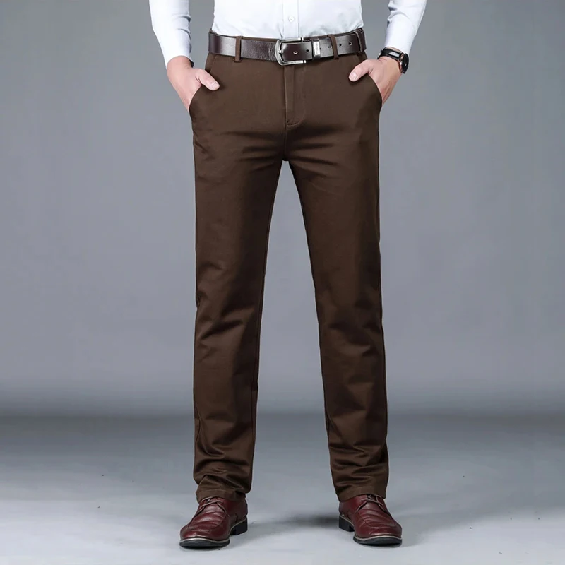 98% Cotton Classic Men's Brown Business Straight Casual Pants Solid Stretch High Waist Office Trousers Male Brand Black Khaki