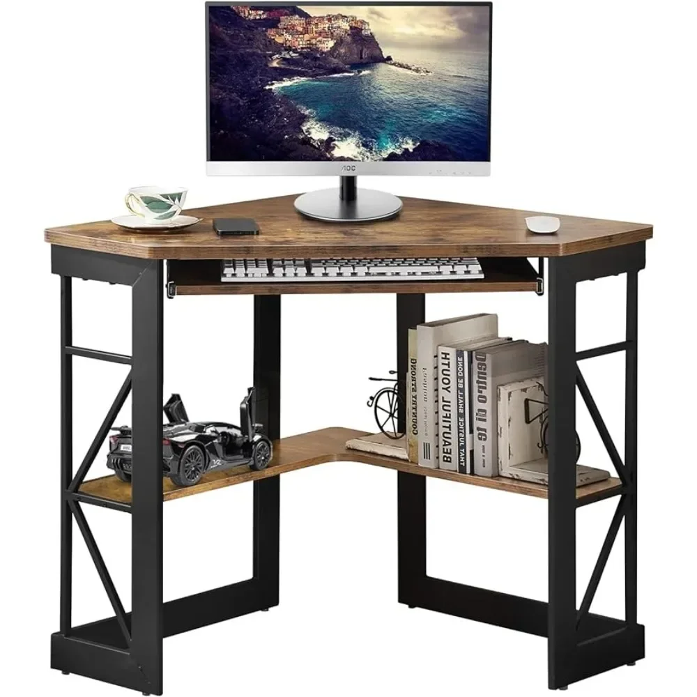 Computer Desk Writing Smooth Keyboard Tray & Storage Shelves Compact Home Office Triangle Table Antique Brown Reading