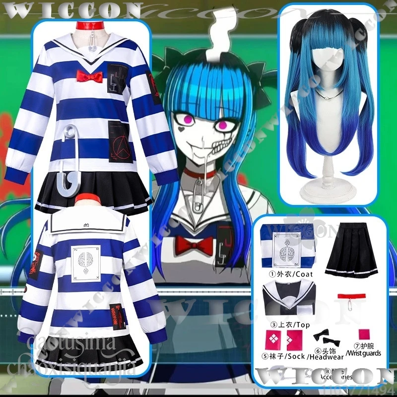 

Amemiya Darumi Cosplay Game Hundred Anime Jirai Kei Girls Blue White Striped Sailor Shirt Dress Earring Wig Navidad Carnival