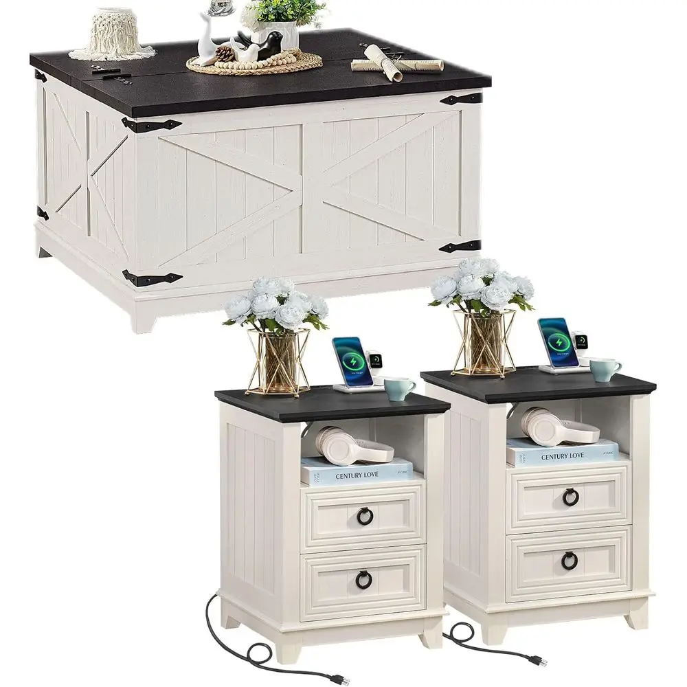 

3-Piece Coffee Table Set with Charging Station and Hidden Storage for Living Room, Office, Home
