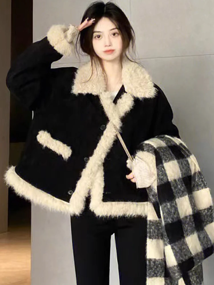 

Vintage Plush Coat Women Korean Fashion Casual Lamb Wool Jackets Female Autumn Winter Warm Loose Single Breasted Short Outerwear