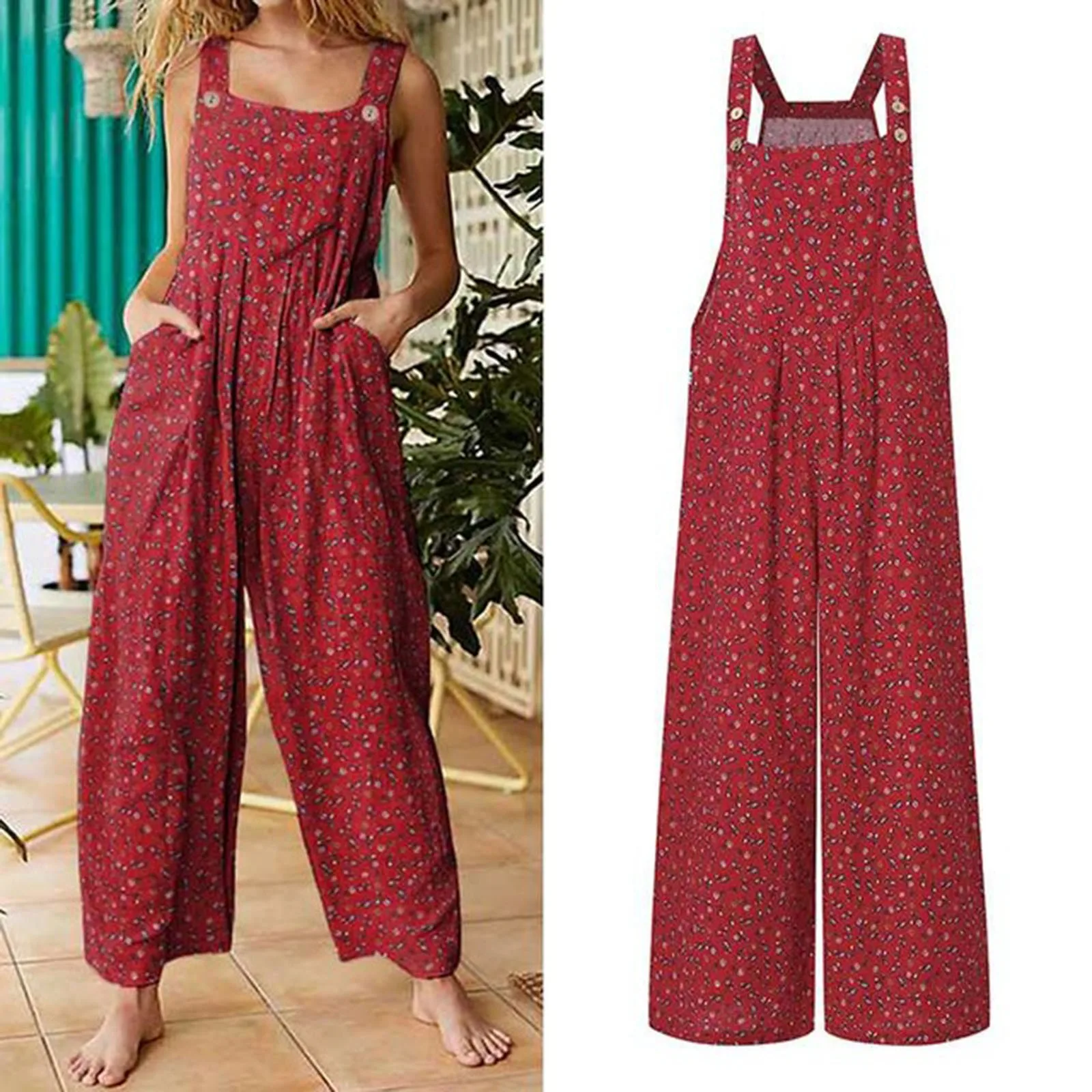 Women'S Summer Casual Jumpsuits Fashion Vintage Small Floral Print Jumpsuits Sleeveless Straps Wide Leg Jumpsuits With Pockets