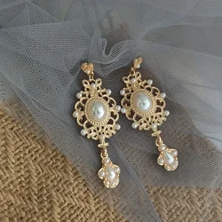 Vintage Palace Golden Pearl Hanging Earrings For Women Wedding Baroque Bohemia Fine Drop Earrings Female Elegant Jewelry Gift