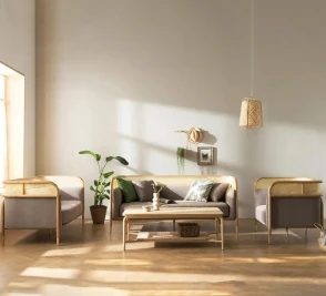 

Modern simple rattan sofa combination household fabric small apartment solid wood rattan homestay three-person leisure