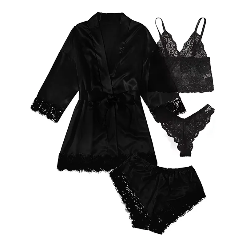 European And American Women's Style Pajamas Summer Bud Suspender Nightdress With Nightgown 4 Pieces Set