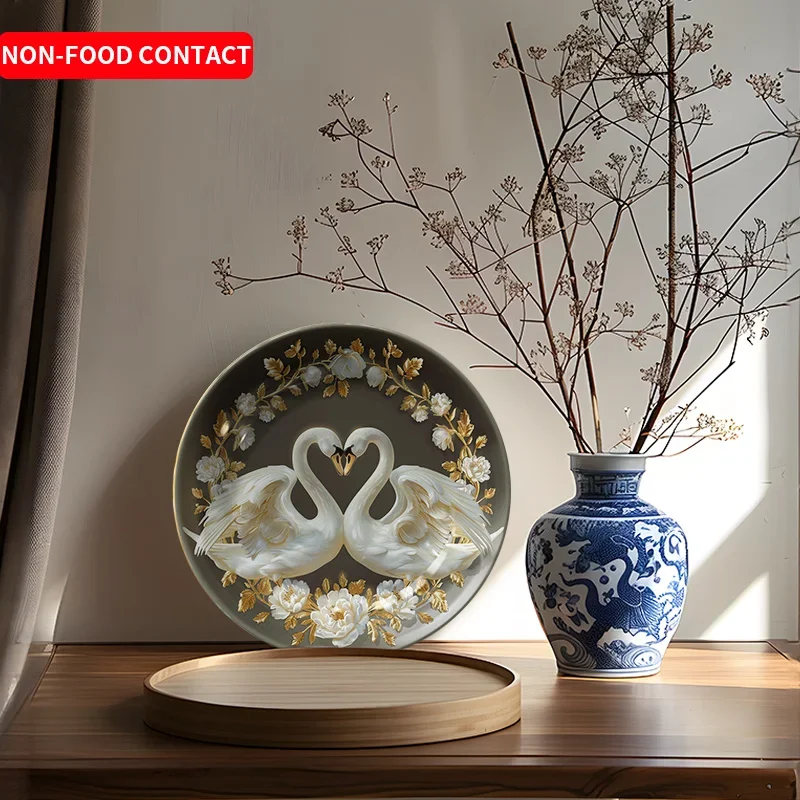 1pc Elegant Swan Heart Ceramic Decorative Plate - Art Deco Style with Golden Accents & Floral Design, Non-Food Contact Home