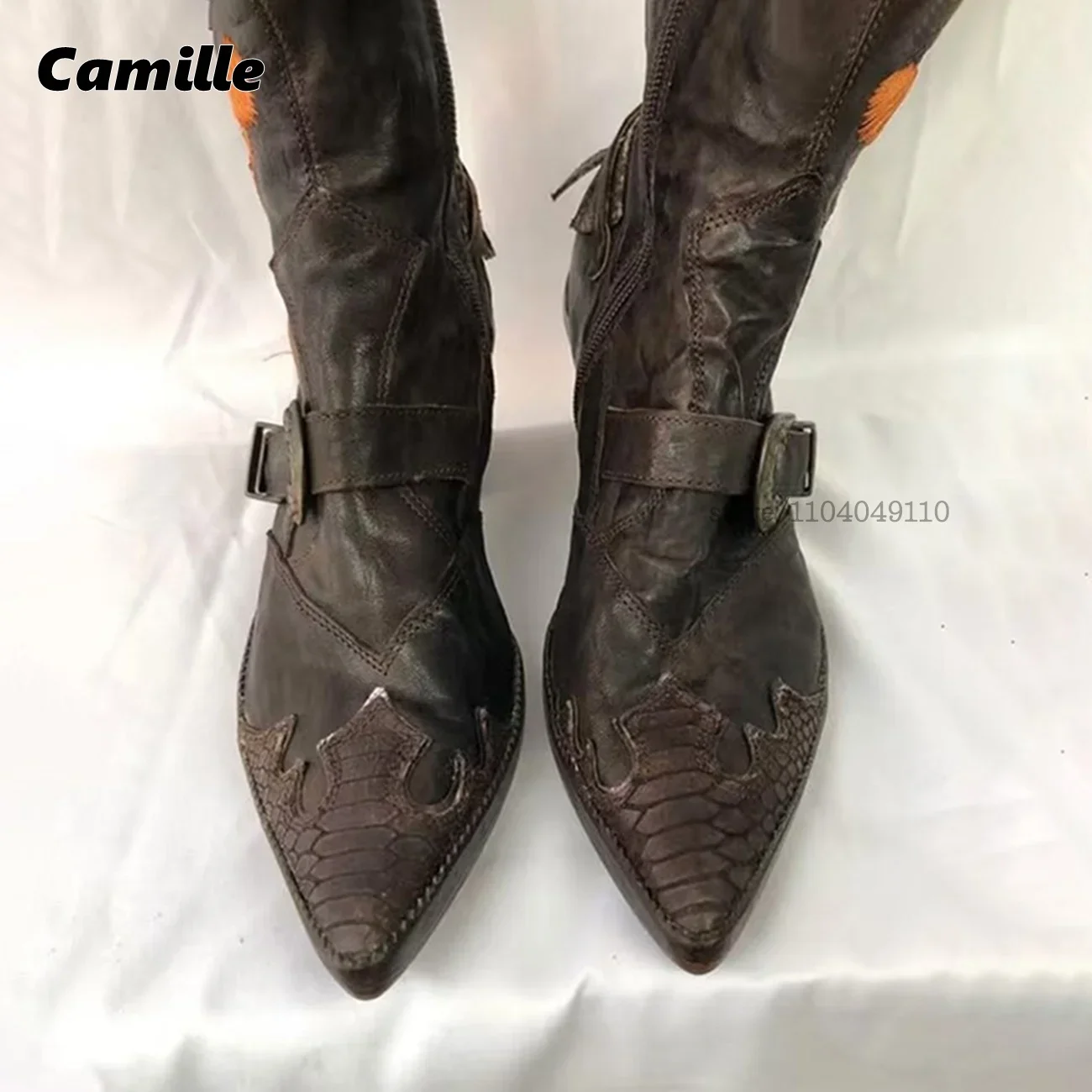 Vintage Metal Belt Buckle Embroidered Snakeskin Cowboy Boots Ethnic Style Chunky Heel Knee High Boots Size 35-40 Casual Boots
