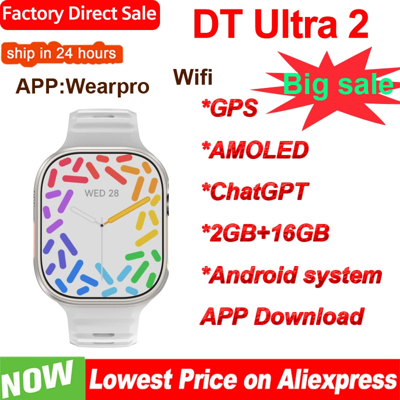 AMOLED DT Ultra 2 Smart Watch APP Download 16G ROM WIFI GPS Android Watch Local Music Smartwatch Android Smartwatch Women Men