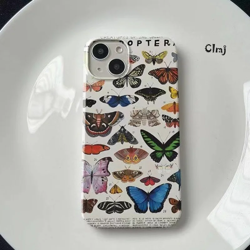 

Clmj Vintage Korean Butterfly INS Phone Case for iPhone 16 15 14 13 12 11 Pro Max XS XR XSMax 6 7 8 Plus Glossy HD Hard PC Cover