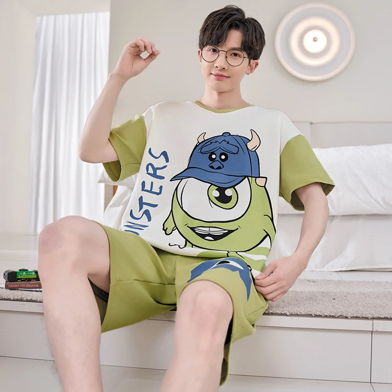 2 Pieces Sets  Men's Summer Cotton Pajamas Boys Short Sleeping Cartoon Sleepwear Male Casual Nightwear Pijama pyjama night cloth