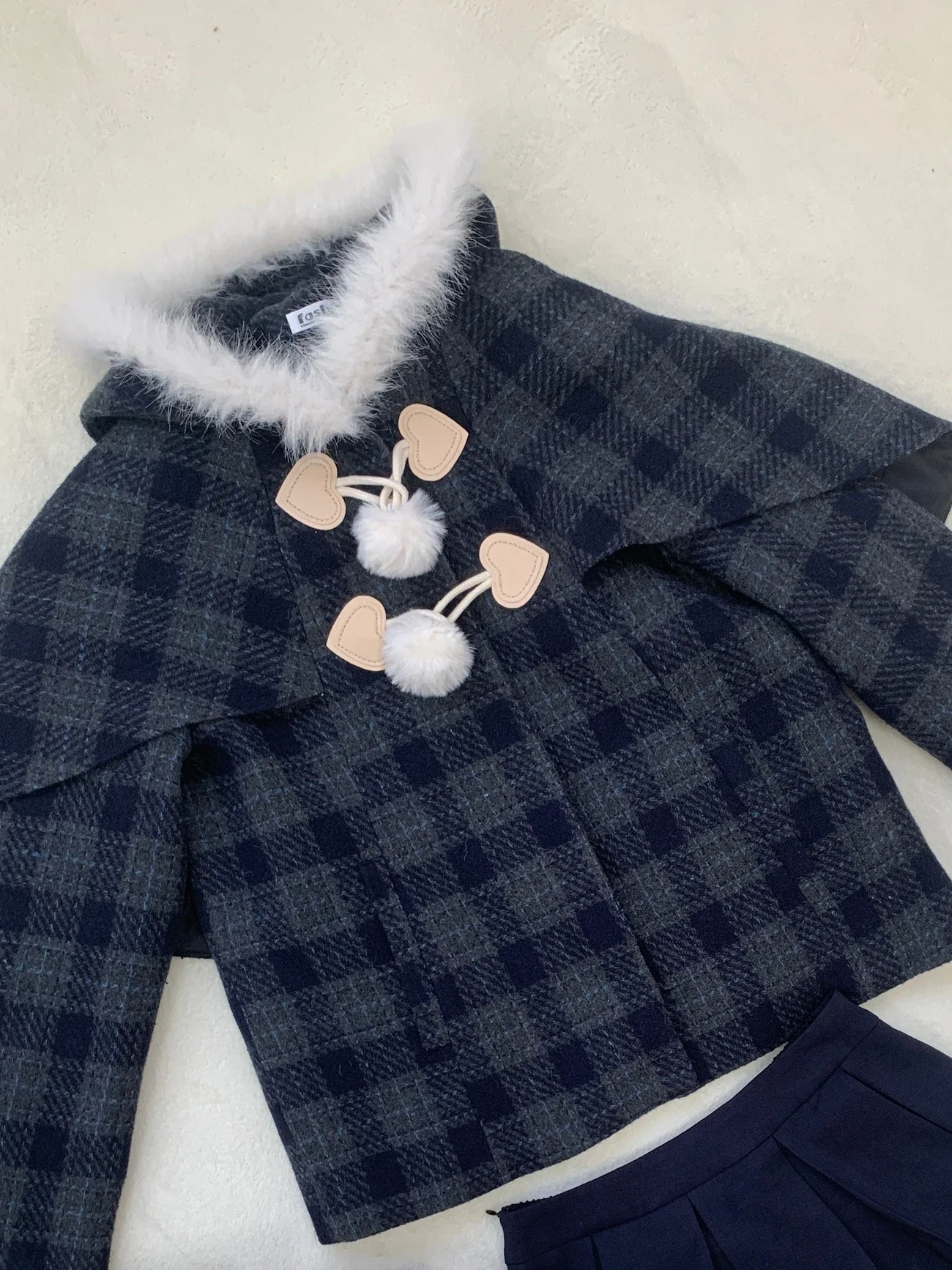 Sweet Preppy Japanese Vintage 2 Piece Set Women Plaid Wool Cropped Cape Coat Faux Fur Collar Horn Button High Waist Pleated Mini