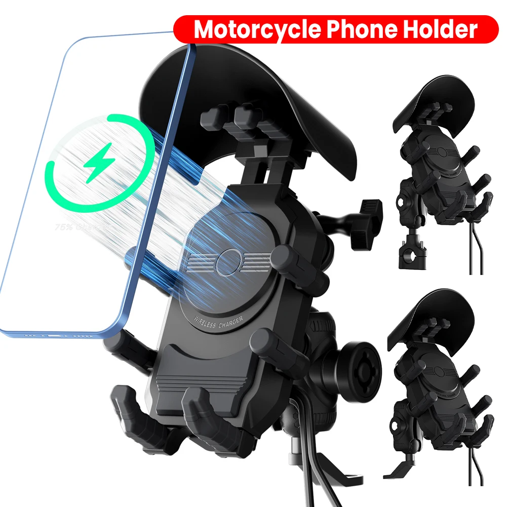 

Motorcycle Phone Holder 15W Wireless Charger Shockproof Smartphone Handlebar Mount Anti-Theft Mobile Phone Mount Waterproof
