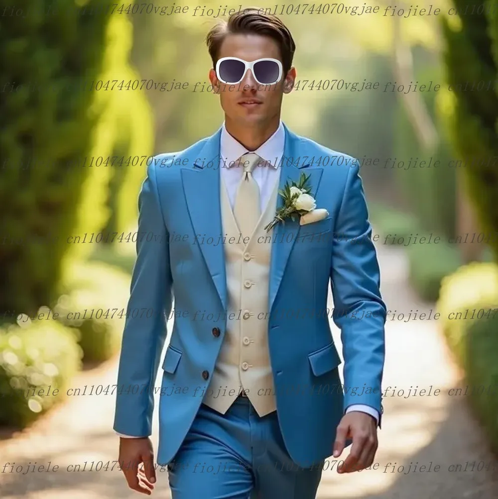 

New Sky Blue And Beige Men Suit Formal Wedding Party Groom Business Male Tuxedos Customized 3 Piece Set Jacket Vest Pants