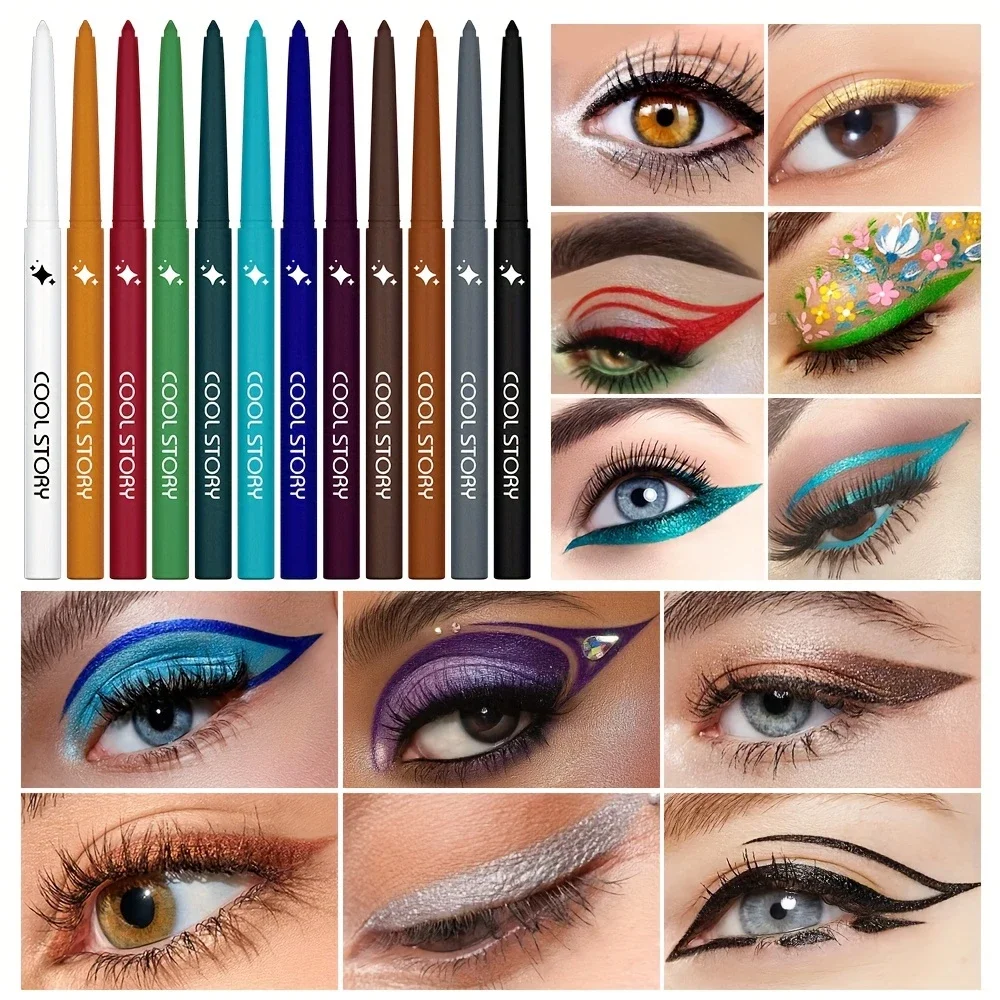 Conjunto de delineador à prova d'água fosco arco-íris de 12 cores, conjunto profissional de delineador em gel creme de ultra longa duração, cosméticos de presente para mulheres