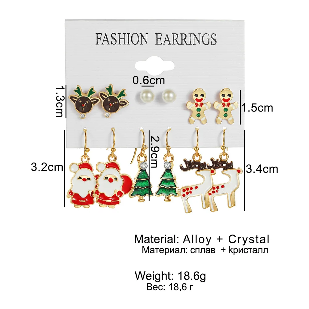 FTCY 6pcs Women\'s Christmas Stud Earring Set Elk Christmas Tree Snowman Moon Decoration Hoop Earrings Pierced Ear Jewelry Gift
