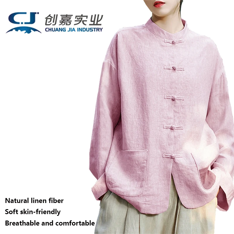 Linen Spring Autumn Ladies Chinese-style Long-sleeved Shirt Temperament Vintage Elegant Brown Holiday Outdoor Casual Loose Size