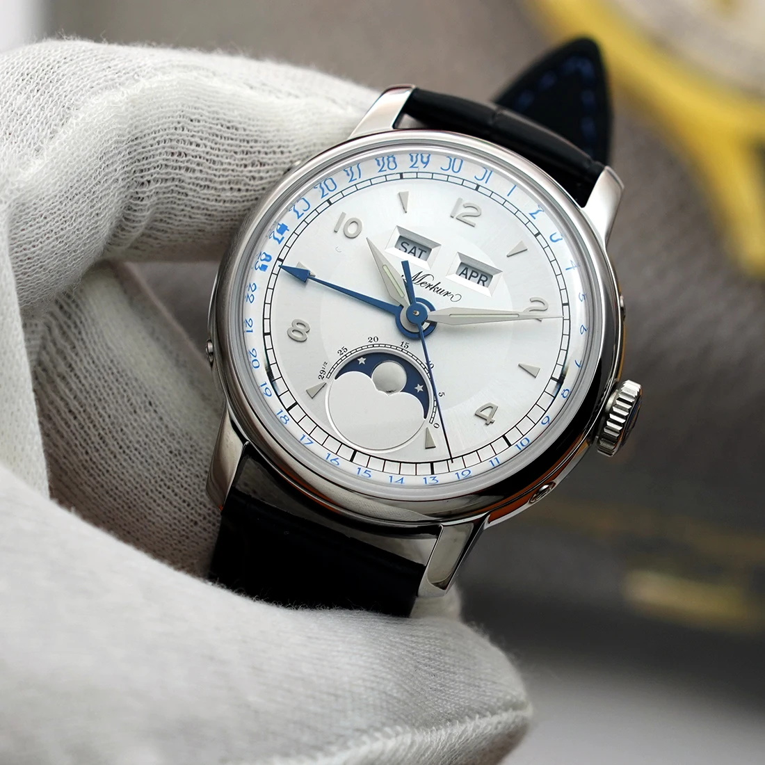 NEW Merkur Moon Phase Awaken Calendar Watch Business Formal Wear Mechanical Watch Vintage Date Window White 40mm Reloj Hombre