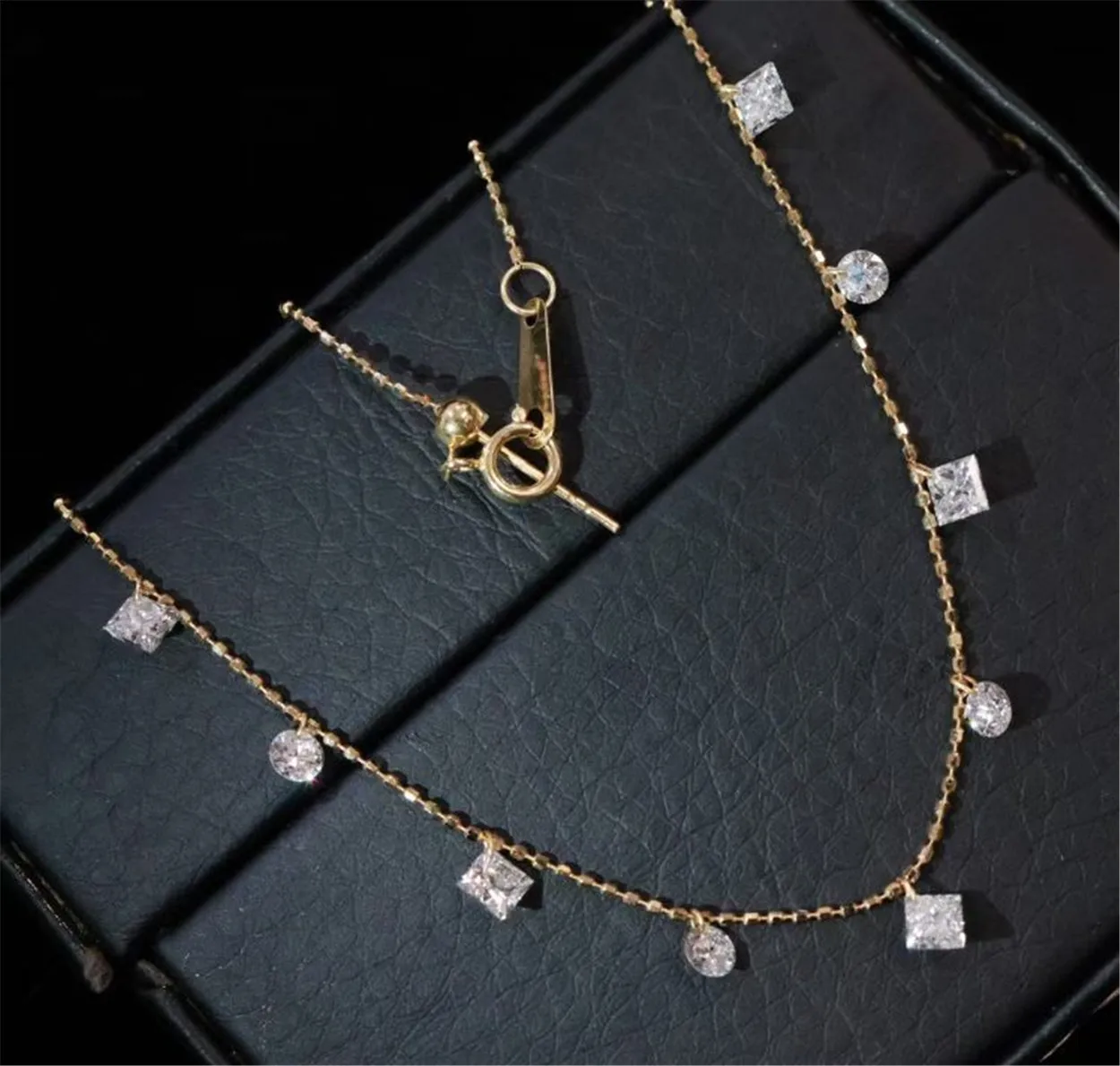 18K gold lab-grown diamond necklace, water droplet and round with drilled holes and clawless setting, custom-designed jewelry view 2