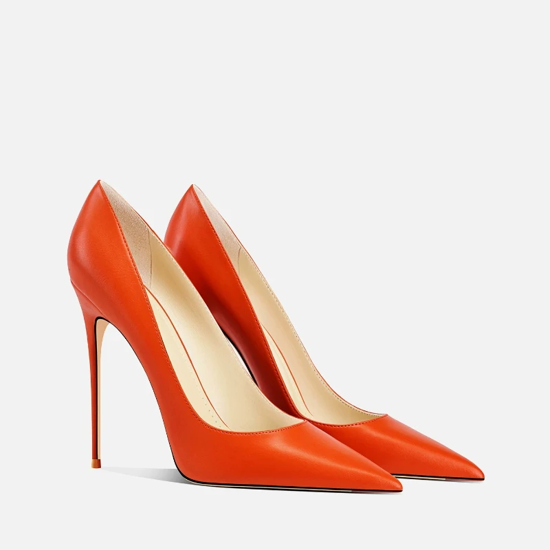 Yuejinlong Women Orange Matte French Pointed Toe Thin High Heels Shallow Mouth Commuter Single Shoes 2026 New