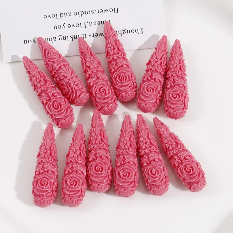 2pcs Rose Red Long Oval Resin Carved Water Droplet Shaped Perforated Earrings Pendants DIY Jewelry Accessories Wholesale