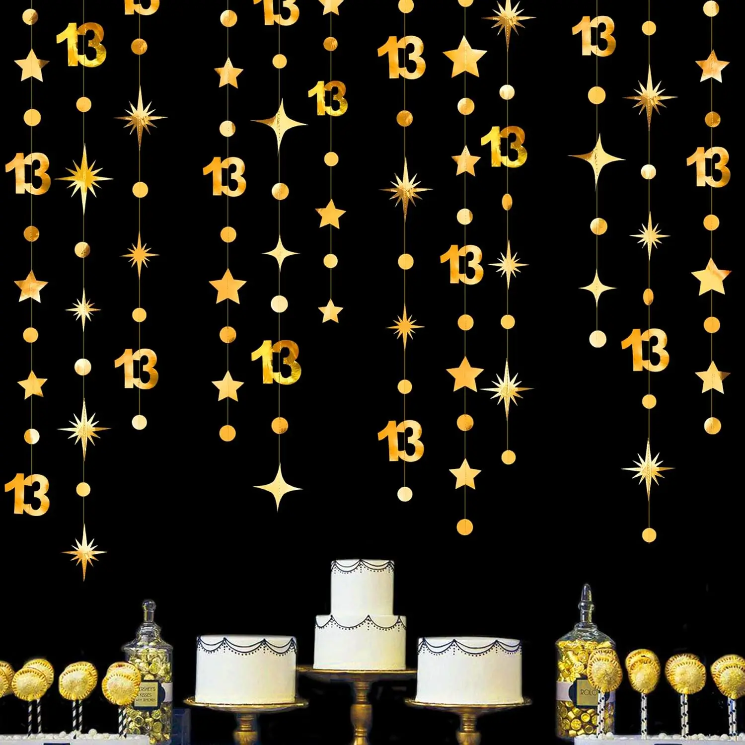 4Pcs Gold 13th Birthday Decorations 13 Circle Twinkle Star Garland Hanging Banner 13 Years Old Thirteen Teenager Party Supplies