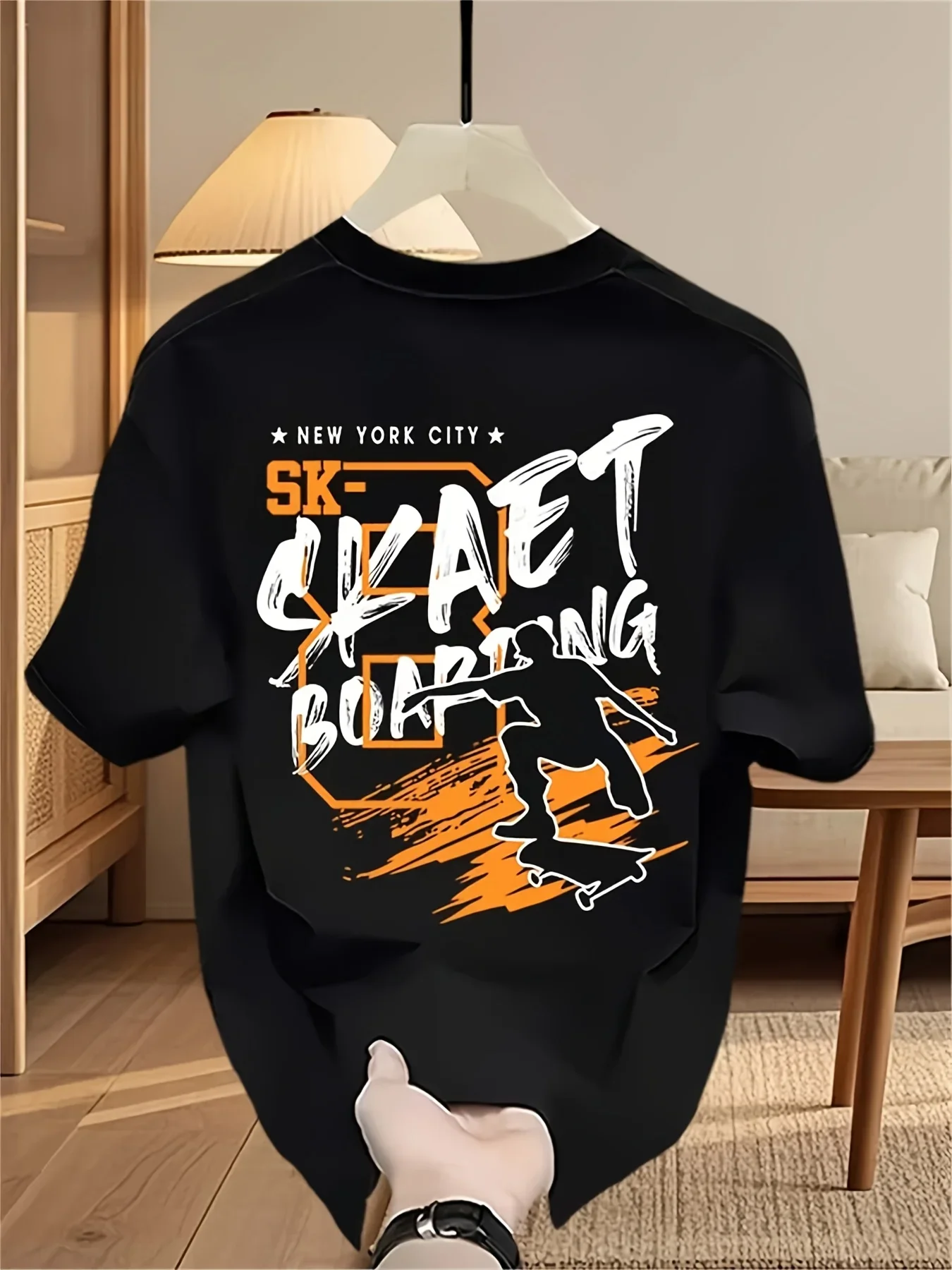 Men Pure Cotton Tshirt Vintage New York Skate Culture Rough Handwritten Slogan Print Oversized Casual Short Sleeve Tops