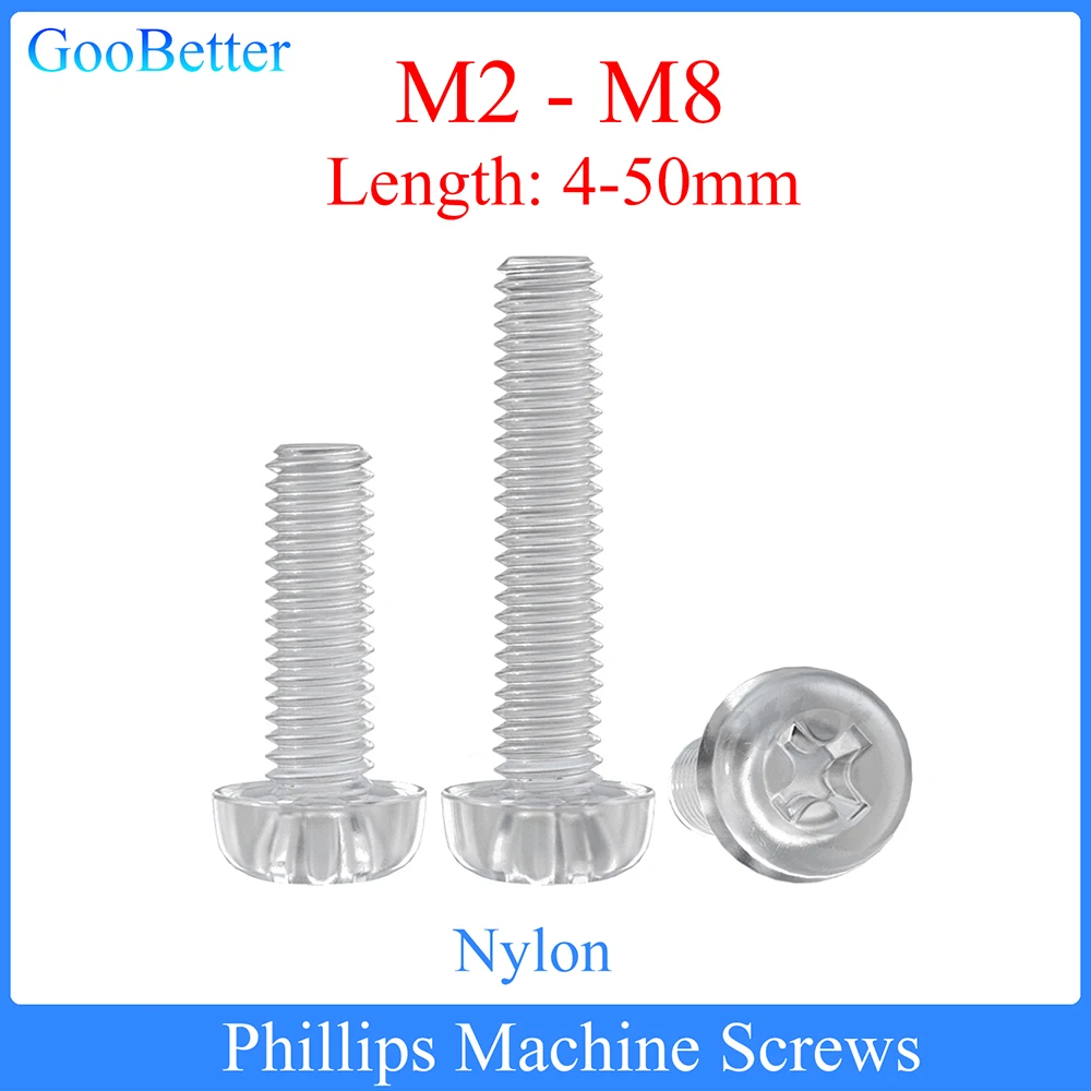 

50/100Pcs Transparent Cross Round Head Nylon Machine Screws M2 M2.5 M3 M4 M5 M6 M8 Plastic Phillips Screws Length=4-50mm