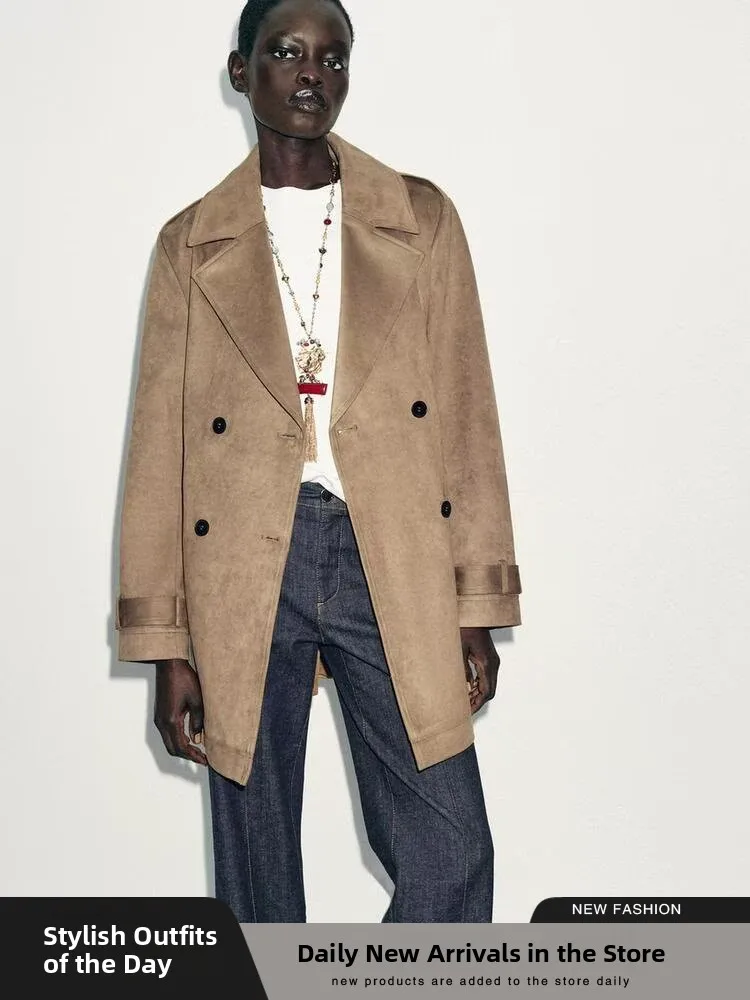 

Пальто Ele с отложным воротником и украшениями в обратном замшевом эффекте, новое осеннее женское пальто Faion Street Sle Long Sl...